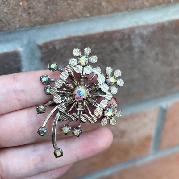 Vintage Floral Brooch with Iridescent Aurora Borealis Rhinestone Accents - Picture 1 of 6